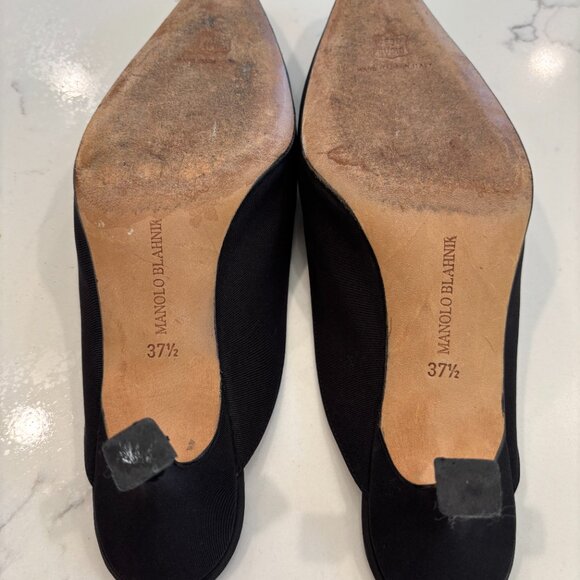 Manolo Blahnik Black Satin Faille Kitten Heel Slides / Mules - Sz 37 .5 - Picture 2 of 7